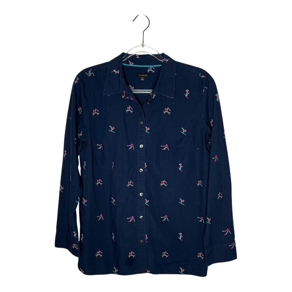 Talbots Top Womens Medium Blue Button Up Shirt Cotton Skiers Winter Collared